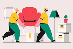 A happy family relaxing on their couch in their new Auckland home while a professional house mover works efficiently in the background.