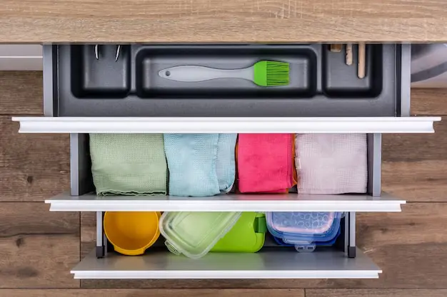 A perfectly organized kitchen pantry with labeled clear containers and zero clutter on the countertops.