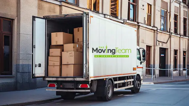 Two professional furniture movers in Auckland carefully carrying a large grey sofa, showcasing their expert service.