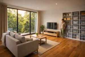 A happy person holding a donation box in a beautifully organized and decluttered living room.