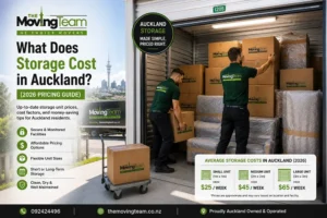 Professional movers carefully packing and organizing a storage unit to reduce furniture storage costs in NZ.