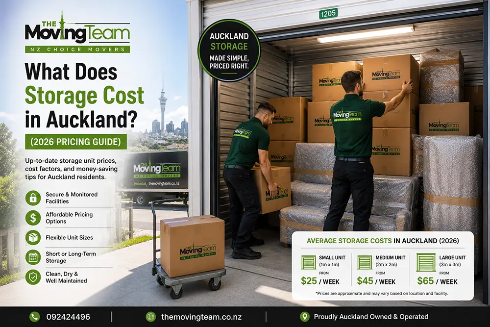 Professional movers carefully packing and organizing a storage unit to reduce furniture storage costs in NZ.