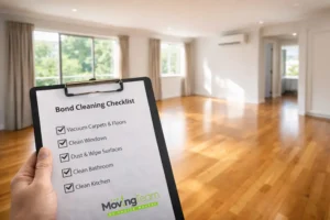 Rental bond cleaning checklist Auckland, A spotless, empty Auckland rental living room with a successfully ticked cleaning checklist in the foreground.