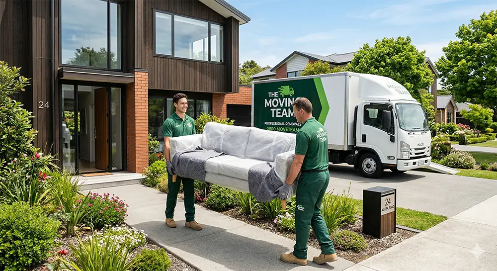 Professional Birkenhead movers safely navigating a steep driveway and loading heavy furniture into a moving truck.