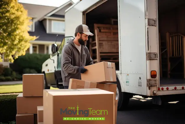 A large, fully-equipped moving truck with a hydraulic tail lift parked in a Glenfield neighborhood.