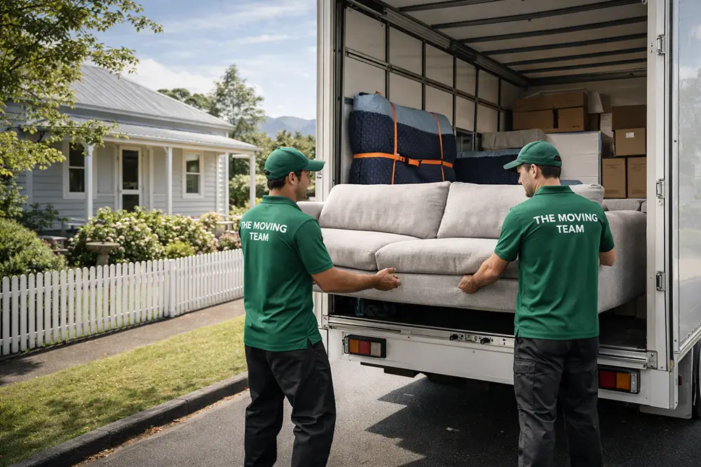 Professional Henderson Movers loading a truck outside a classic weatherboard family home in Henderson, West Auckland.
