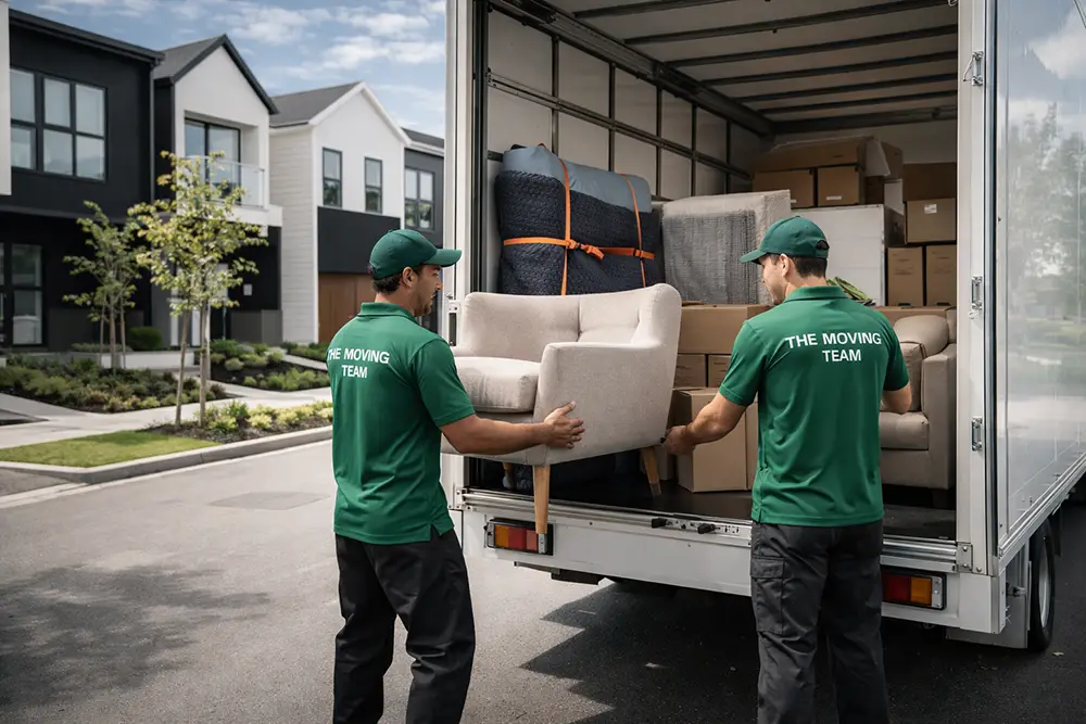 Hobsonville Movers loading a moving truck in the modern Hobsonville Point neighborhood, West Auckland.