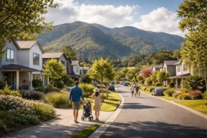 A beautiful view of West Auckland featuring lush green nature and modern suburban homes.