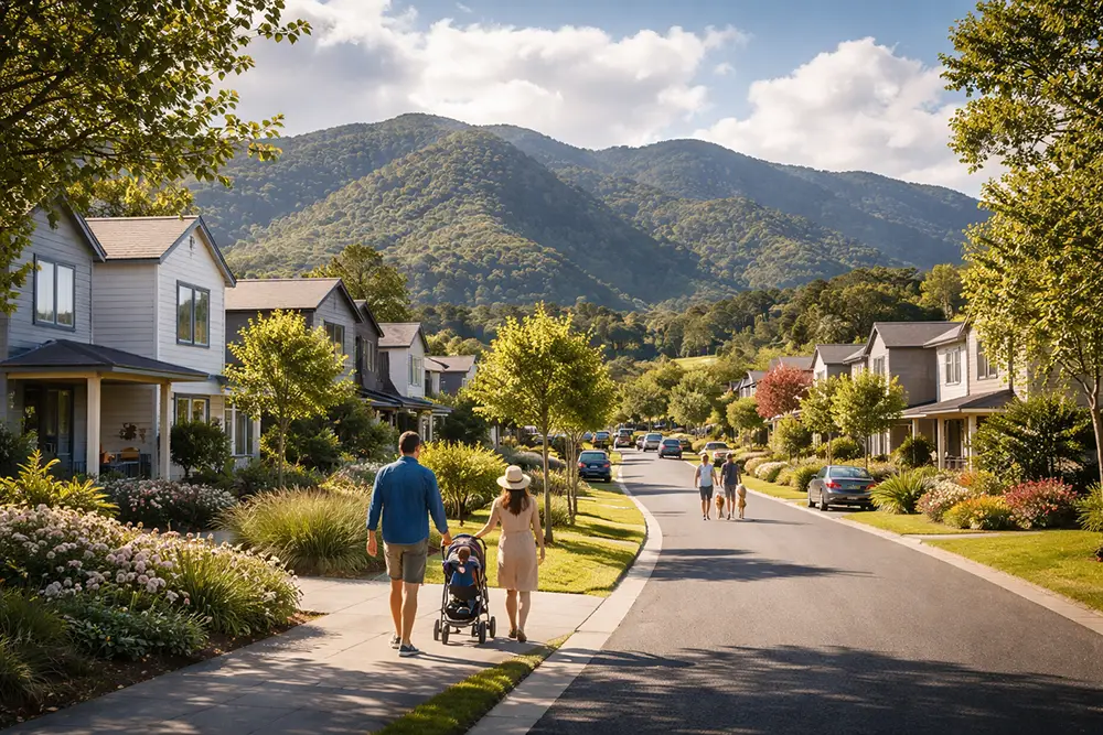 A beautiful view of West Auckland featuring lush green nature and modern suburban homes.