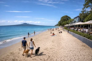 A beautiful sunny view of Takapuna Beach and Rangitoto Island, representing the lifestyle of moving to the North Shore, Auckland.