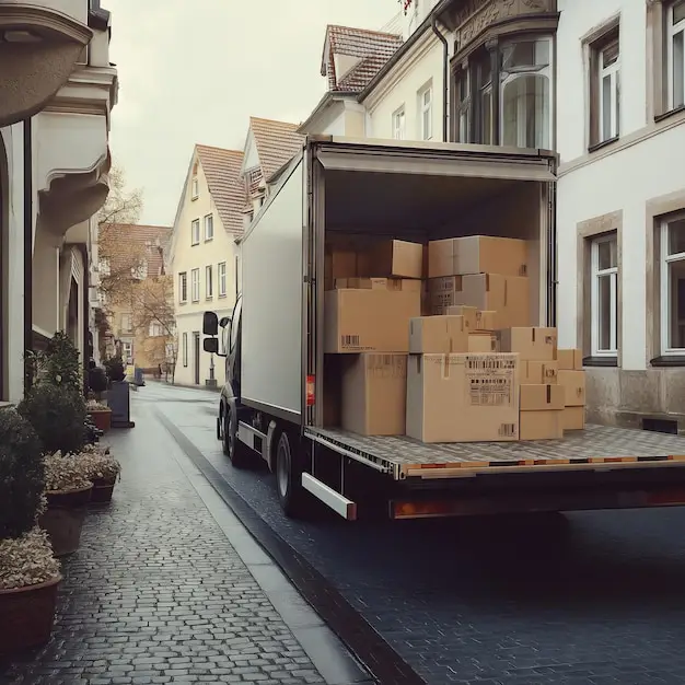 A fully equipped moving truck with a hydraulic tail lift ready for a residential move in West Auckland.