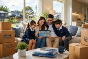 Best schools in North Shore Auckland, A happy family packing boxes while looking at a map of the best schools in North Shore Auckland.