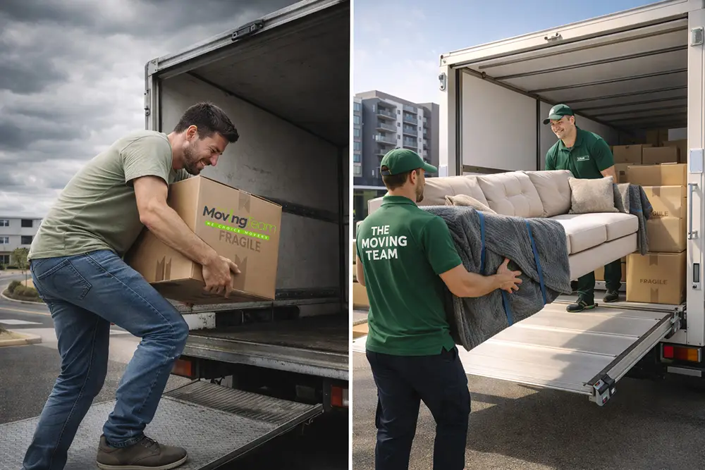 DIY moving vs hiring movers Auckland, A split image comparing a stressed person renting a moving truck versus a relaxed family using professional Auckland movers.