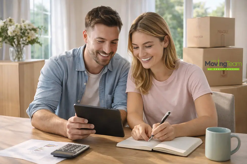 house moving cost Auckland, A family reviewing their house moving cost budget on a tablet in a bright Auckland living room with packed moving boxes.