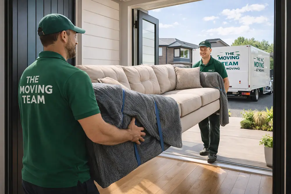Professional Massey movers safely delivering furniture to a new family home in West Auckland.