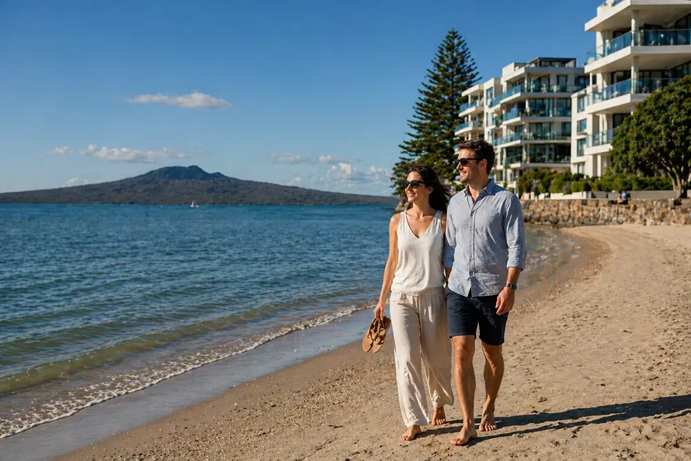 A happy couple walking along the beach, contemplating the moving to Takapuna pros and cons for their relocation.