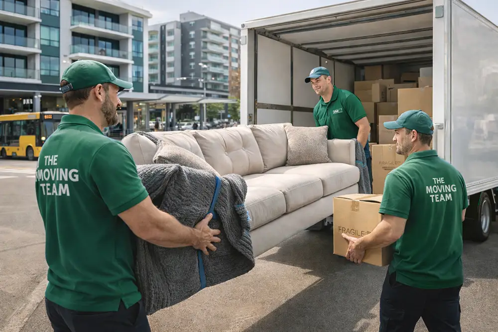 Professional movers loading a truck in the urban center of New Lynn, West Auckland.