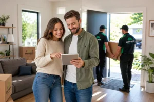A happy couple calculating their moving budget while affordable movers Auckland carry boxes in the background.