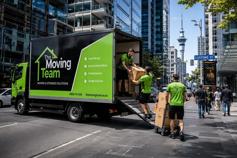 Professional CBD movers carefully loading a moving truck outside a modern high-rise apartment in Central Auckland.