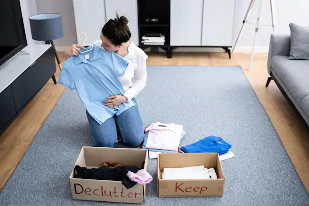 A woman in an Auckland home decluttering and sorting items into donate and trash boxes before booking affordable movers Auckland.