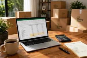 A person calculating their Manukau movers cost and moving budget on a laptop with moving boxes in the background.