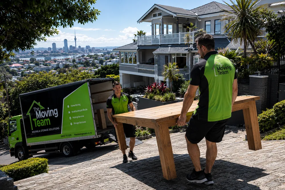 Professional Mount Eden movers safely carrying a heavy wooden table down a steep volcanic driveway outside a large family home.