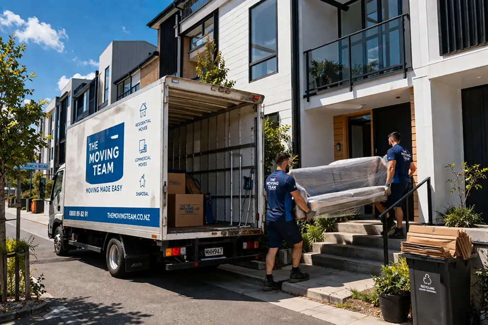 Professional movers in Auckland CBD loading furniture from a high-rise apartment building.