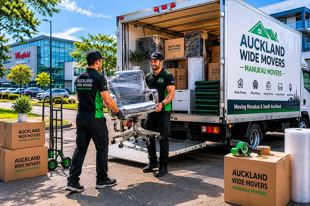 Professional movers Manukau loading a green and black moving truck outside a modern South Auckland office building.
