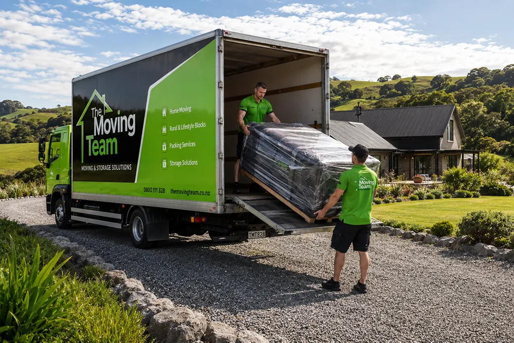 Professional movers Pukekohe loading heavy furniture into a moving truck outside a beautiful rural lifestyle block in Franklin.