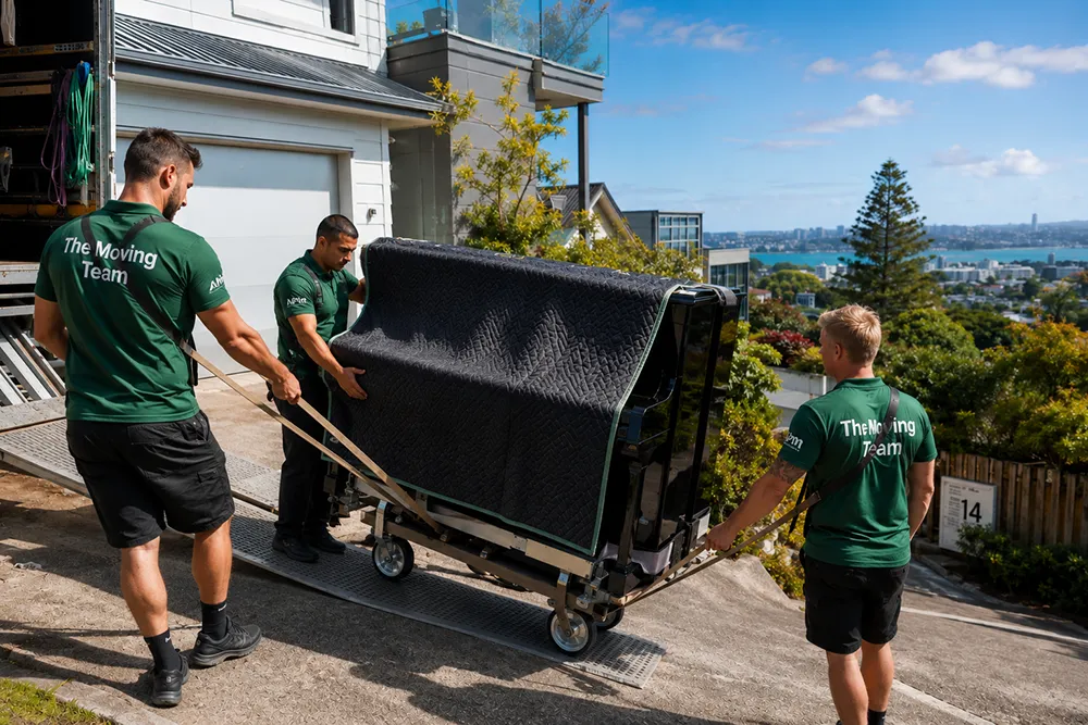 Professional Moving heavy furniture Auckland carefully moving a grand piano down an Auckland driveway using heavy lifting straps.