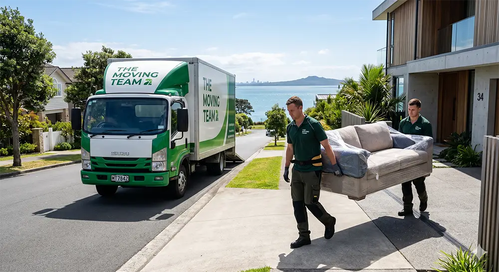 Professional North Shore movers loading a modern truck outside a beautiful coastal home in Auckland.