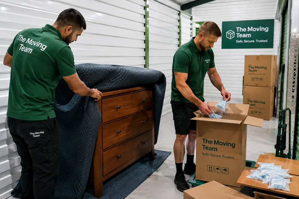 Professional movers packing for storage Auckland using breathable blankets and moisture absorbers.
