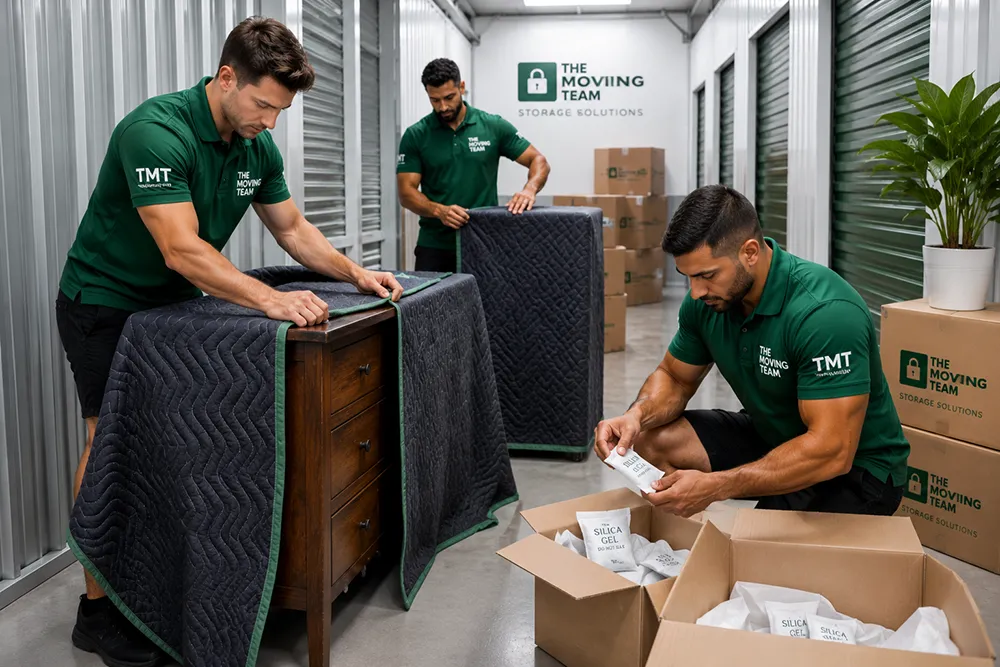 Professional movers using breathable cotton blankets to protect furniture from mold in a storage unit.