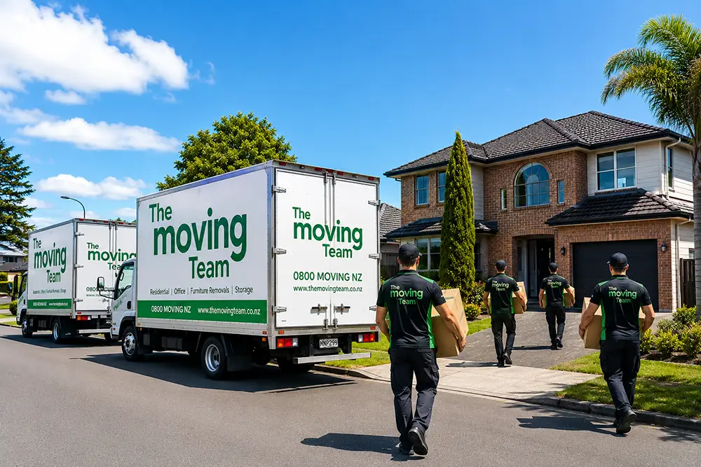 A fleet of professional South Auckland movers loading a large moving truck in a suburban neighborhood.