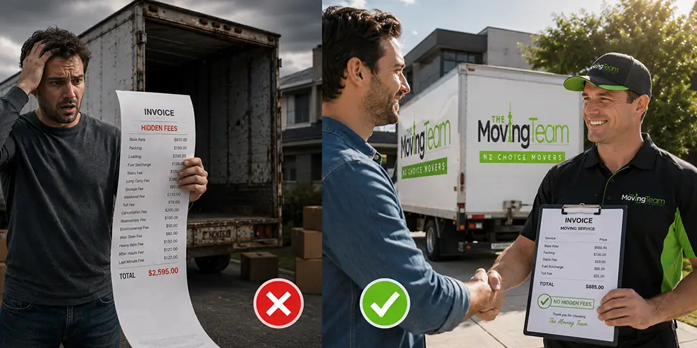 Comparing the stress of hidden fees from cheap movers with the transparent pricing of affordable Auckland movers.