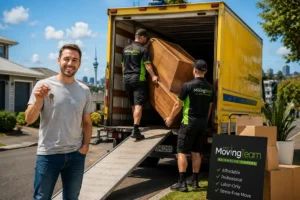 Professional affordable movers Auckland team safely loading boxes into a customer's rental truck.