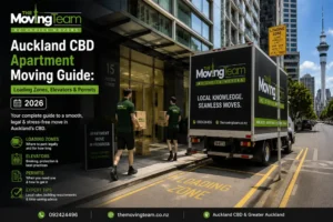 Professional movers carefully carrying boxes into a high-rise building, representing a stress-free Auckland CBD apartment moving experience.