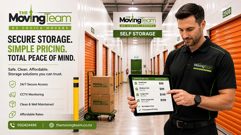 A person calculating Auckland storage costs on a tablet while standing in a clean, secure self-storage facility.