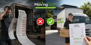 cheap movers Auckland, A conceptual split image showing a stressed customer with hidden fees from cheap movers Auckland, compared to a happy client with transparent affordable movers.