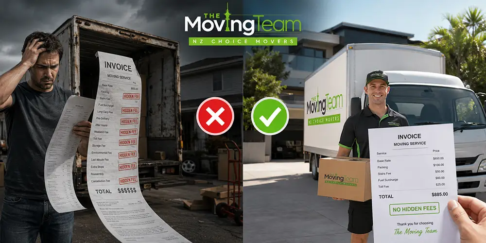 cheap movers Auckland, A conceptual split image showing a stressed customer with hidden fees from cheap movers Auckland, compared to a happy client with transparent affordable movers.