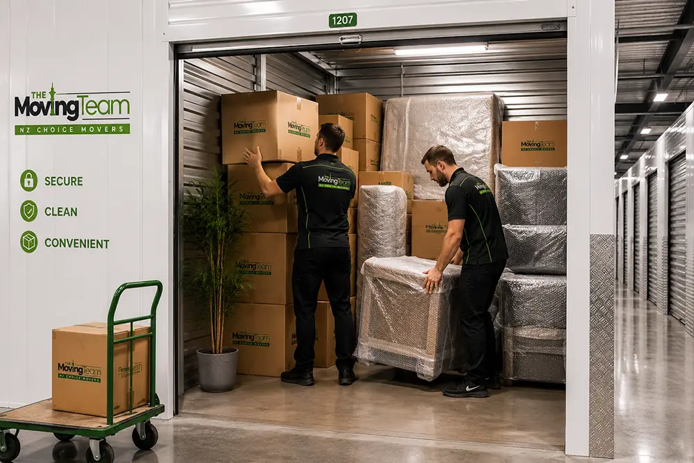 Professional movers carefully stacking boxes and wrapped furniture inside a secure unit to optimize the cost of storage unit Auckland.