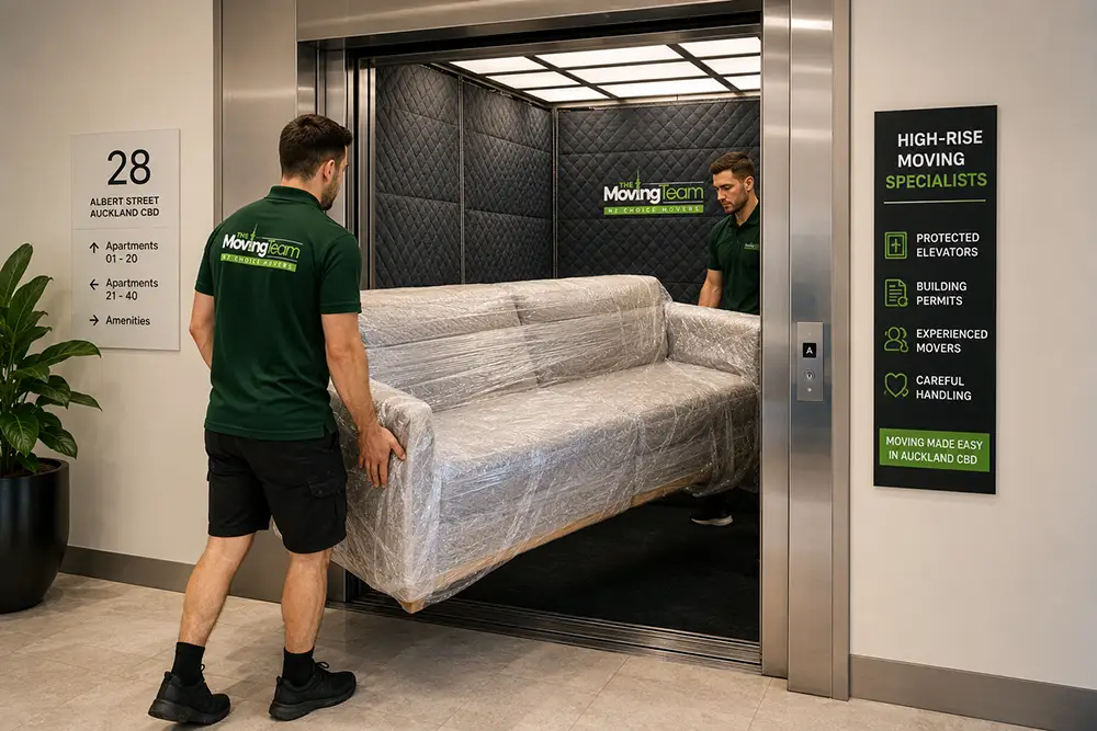 Professional movers carefully maneuvering a couch into a padded service elevator while moving apartments Auckland CBD.