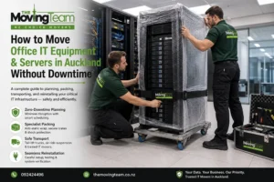 Expert commercial movers carefully packing server racks, demonstrating the safest method for moving office IT equipment Auckland wide.