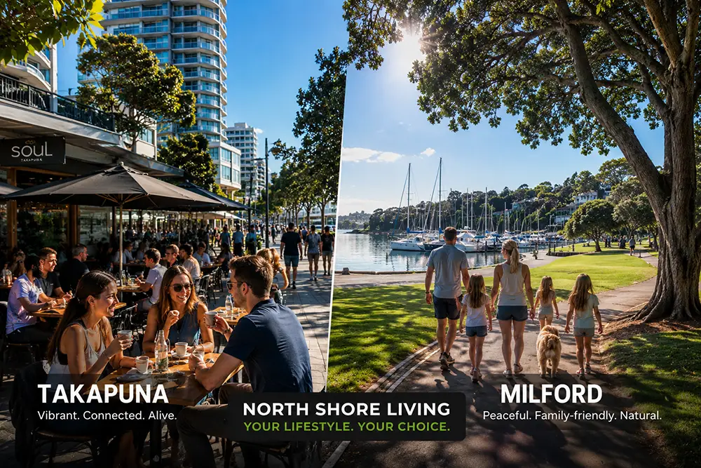 Comparing the bustling cafe lifestyle of Takapuna with the peaceful family-friendly marina of Milford.