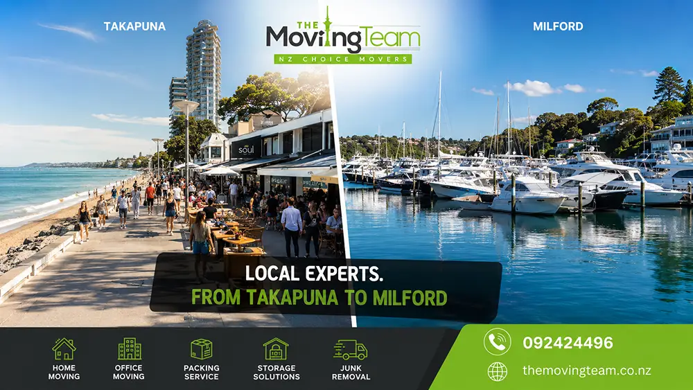 A split view comparing the vibrant Takapuna beach lifestyle with the peaceful Milford marina for anyone deciding between Takapuna vs Milford.
