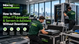 Professional movers relocating office IT equipment and server racks in Auckland.