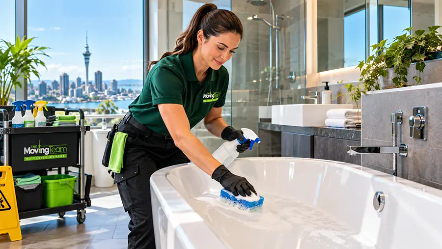 Professional move-out cleaner cleaning a bathroom in Auckland to secure rental bond refund.